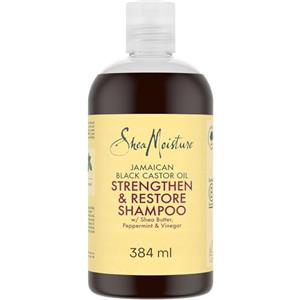 SHEA MOISTURE SheaMoisture Shampoo Strengthen & Restore con Olio di Ricino Nero Giamaicano e Burro di Karité - Shampoo delicato ideale per capelli trattati e sfibrati, senza solfati - 1 x 384 ml