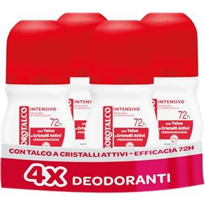 Borotalco, Deodorante Roll-on Intensivo, con Talco a Cristalli Attivi, Ipersudorazione, Senza Alcool, Profumo di Borotalco, 72h efficacia - 4 Pezzi da 50 ml - Esclusiva Amazon