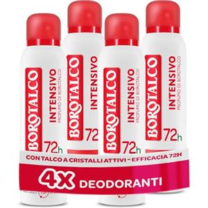 Borotalco, Deodorante Spray Intensivo, con Talco a Cristalli Attivi, Ipersudorazione, Senza Alcool, Profumo di Borotalco, 72h efficacia - 4 Pezzi da 150 ml - Esclusiva Amazon