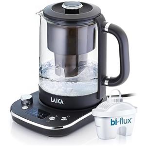 LAICA ISEO Bollitore Elettrico Filtro, Capacità 1,5L con Livelli di Temperatura Variabili + 1 Cartuccia Filtro Acqua Bi-flux® per Tè e Caffè, 2.5kw - Vetro, Nero
