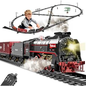 QiquBox Trenino Elettrico Giocattolo per Bambini, Telecomandi Locomotiva Vapore con Pista Lunga, Affumicato, Luci e Suoni, Compleanno Natale Regalo per 3 4 5 6 7 Anni Ragazze Ragazzi, Decorazione Natalizia