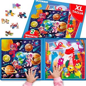 QUOKKA Puzzle Magnetico 3 4 Anni - 2x48 Pezzi Puzzle Bambini 5 6 Anni - Giochi da Viaggio per Ragazze e Ragazzi - Libro Magnetico Dino et Espace - Intrattenere Bambini In Aereo - Educativo Regalo