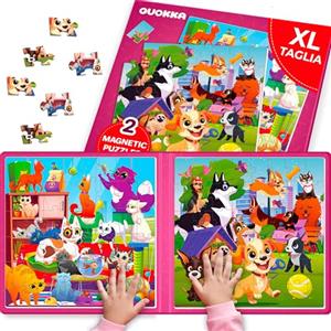 QUOKKA Puzzle Magnetico 3 4 Anni - 2x48 Pezzi Puzzle Bambini 5 6 Anni - Giochi da Viaggio per Ragazze e Ragazzi - Libro Magnetico Gatti e Cani - Intrattenere Bambini In Aereo - Educativo Regalo