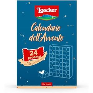 Loacker, Calendario dell'Avvento 2025 con 24 Bontà Loacker, Wafer e Cioccolatini in 11 Gusti Diversi, Cofanetto Blu con Cartone Riciclabile e Cassettini Riutilizzabili, Idea Regalo per Natale