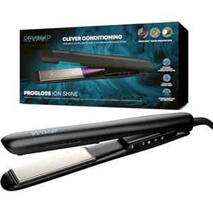 REVAMP Piastra per capelli Progloss Ion Shine in ceramica, con tecnologia agli ioni anti-crespo e oli leviganti Progloss di cheratina, argan e cocco, impostazioni di calore variabili, finitura nera