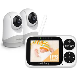 HelloBaby Baby Monitor Video e Audio telecamera bambini con monitor, Schermo IPS da 3,2", Senza WiFi, Visione Notturna, Pan-Tilt-Zoom, Allarme Ninna Nanna e Portata di 1000 Piedi, 2 Fotocamera Inclusa