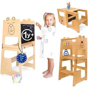 KAUZA Torre Montessoriana 3-in-1 per Bambini da 1 Anno, Trasformabile e Pieghevole in Legno Naturale con Lavagna, Torretta di Apprendimento con Tavolo e Sedia, Sgabello Cucina e Bagno Sicuro
