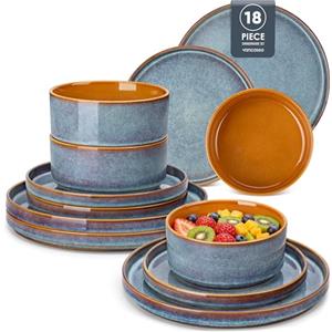 vancasso ONION Servizio Piatti 18 Pezzi per 6 Persone, Set Piatti Moderni in Gres - 6 Piatti Piani, 6 Piatti Dessert e 6 Ciotole Cereali - Adatto per Lavastoviglie, Smalto Reattivo Grigio Blu