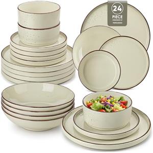 vancasso NAVIA Servizio Piatti 24 Pezzi per 6 Persone, Set Piatti Moderni in Gres - 6 Piatti Piani, 6 Piatti Dessert, 6 Ciotole per Zuppa e 6 Ciotole per Cereali - Adatto per Lavastoviglie, Beige
