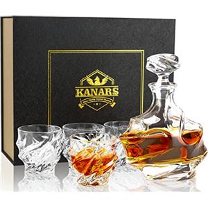 KANARS Bottiglie e Bicchieri da Whisky, Decanter da Whiskey Cristallo, 750 ml Bottiglia con 4x 260 ml Bicchieri per Cognac, Martini, Whisky, Scotch, Bourbon, Bellissimo Regalo, 5 Pezzi