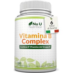Nu U Nutrition Vitamina B Complex Alto Dosaggio - 180 Compresse Vegane - 6 Mesi - Tutte le 8 Vitamine B - Complesso di Vit B1, B2, B3, B5, B6, B12 Biotina e Acido Folico - Prodotto in Europa - Nu U Nutrition