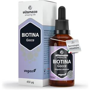 Vitamaze - amazing life Vitamaze® Biotina Capelli 450µg, 50ml per 100 Giorni, Biotina Liquida con Tecnologia Micellare EMULDROP Brevettata, Uso Sublinguale per Capelli, Pelle e Unghie senza Conservanti, Vegano