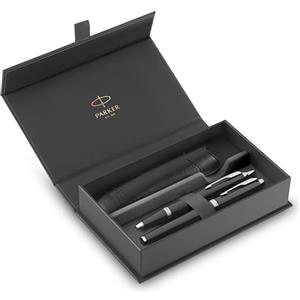 Parker IM Duo Pen Gift Set | Penna stilografica, penna a sfera e astuccio per penna | Finitura laccata nera con finiture cromate | Punta media | Ricariche di inchiostro blu | Regali di laurea perfetti