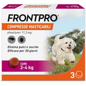 FRONTPRO 3 Compresse Masticabili Antiparassitario per Cani di Peso 2-4 kg Protegge da Pulci e Zecche, Antipulci in Confezione da 3 Compresse da 11.3 mg di Afoxolaner, 2kg-4kg