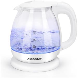 Aigostar Elvin - Bollitore elettrico in vetro borosilicato con illuminazione a LED. 2200W, 1L, Bollitura Rapida, Bianco, Protezione da bollitura a secco. SENZA BPA