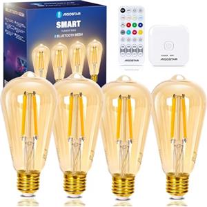 Aigostar Meh - Lampadine Alexa Intelligente Bluetooth Mesh ST64, Lampadine Vintage Smart LED E27 6W 2700K-6500K Dimmerabile, Lampadina Alexa Compatibile, 4 Pezzi(Con Telecomando e Gateway)