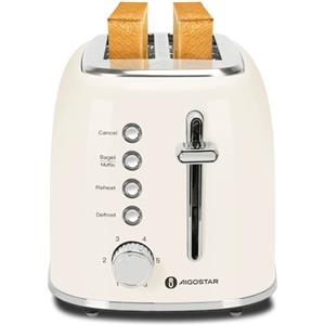 Aigostar Tostapane vintage, 2 fette con fessure extra larghe, 4 funzioni con funzione bagel, tostapane, 6 livelli di tostatura, 800W, acciaio inossidabile, vassoio raccogli briciole rimovibile, Cream