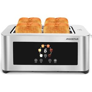 Aigostar Tostapane 4 Fette, LED Touchscreen, Fessure Extra Larghe da 4cm e Centratura Automatica, 6 Livelli di Tostatura, Funzioni Riscaldamento/Scongelamento/Stop, 1400W, Acciaio Inox Spazzolato