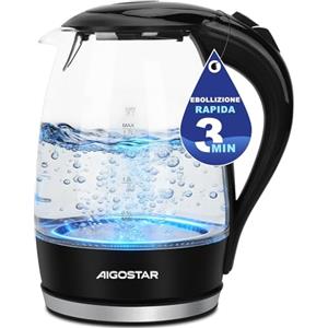 Aigostar Adam - Bollitore Acqua Elettrico in Vetro Borosilicato con LED, 1,7 litri, 2200W, Spegnimento Automatico, Filtro Anticalcare, Base di rotazione a 360° in Acciaio Inox, Teiera Senza BPA Nero