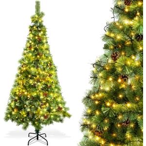 Aigostar Albero di Natale Artificiale da 210 CM,con Catena di Luci LED da 23 M,400 LED Bianco Caldo,8 Modalità di Illuminazione,Rami Ago di Pino con Pigne,Verde,Include Supporto in Metallo.