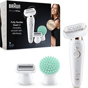 Braun Silk-épil 9 Flex Depilatore Donna, Epilatore Elettrico Donna con Accessorio Massaggiante, Custodia da Viaggio, Idea Regalo, 9020 Bianco e Oro