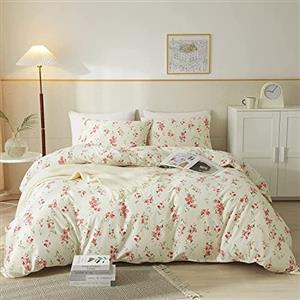 AMWAN Set copripiumino queen chic in stile giardino floreale rosa shabby bianco rosa floreale 100% cotone botanico copripiumino estetico boho collezione copripiumino queen