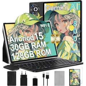 Dghrti Tablet Android 15, 30GB RAM 128GB ROM(TF 2TB Espandibile), 10 Pollici, 8000mAh, WIFI 5G/ GPS/ BT5.0/ OTG, Face ID, Widevine L1, Tablets Corpo in Metallo con Tastiera, Mouse, Custodia Protettiva -Nero