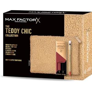 Max Factor, Cofanetto Regalo Donna Teddy Chic, Pochette in morbido tessuto teddy con Rossetto Lipfinity 070 Spicy + Colour Elixir Matita Labbra 5 Brown'n Nude