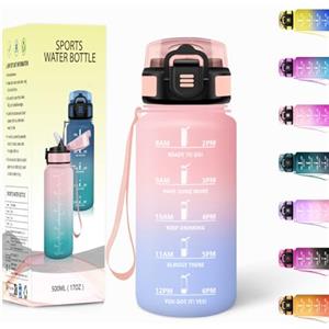 Motswedi Borraccia, 500ML Con Paglia, Borraccia Bambini, Senza BPA, Borracce con Cannuccia, Bottiglia d'acqua Motivazionale con Indicatore del Tempo, Bottiglia Acqua per Scuola, Sport, Yoga - Rosa&Azzurro