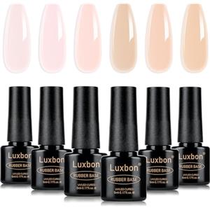 Luxbon 5 IN 1 Set di Rubber Base Gel Smalti Semipermanente per Unghie in Gel, 6 colori Apex Building Smalto gel nudo autolivellante rosa pesca Neutro trasparente UV LED Soak Off Kit 006