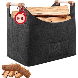 YQBFTC Cestino Cesto in Feltro,Borsa In Feltro Per Legna Da Ardere XL 60L, Porta Cesto Pieghevole Legna per Interni con Manici Rinforzati Può Contenere Giornali Vestiti Accessori Camino