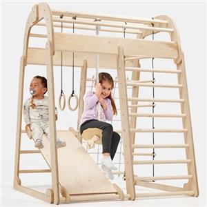 Goodevas Montessori - Struttura da arrampicata in legno per bambini, parco giochi in legno con scivolo, altalena, parete da arrampicata, corda e scala di corda, per bambini dai 3 agli 8 anni