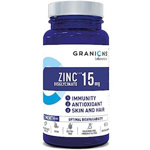 GRANIONS Zinco bisglicinato 15 mg | Immunità | Antiossidante | Bellezza della pelle e dei capelli | Vegan | Senza glutine | Senza coloranti | Senza conservanti | Biodisponibilità ottimale | 60 Capsule