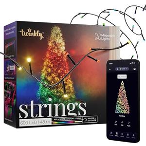 Twinkly Strings 600 LED RGB+Bianco, Striscia di Luci LED per Esterno e Interno, Luci Smart Multicolore, Compatibile con Alexa e Google Home, Luci Mappabili, IP44, Controllo App, Filo Nero, 48m