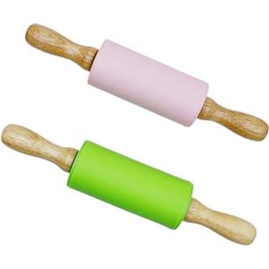 GDJIAJT 2 mattarelli in silicone con manico in legno, 23 x 4,2 cm, mattarello in silicone, superficie antiaderente per bambini, mattarello per bambini, per cuocere torte, pizza, fondente