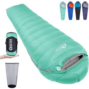 QEZER Sacco a pelo in piuma, sacco a pelo invernale da esterno 0 ~ -10 ℃ 【1690 g】, leggero, caldo, sacco a pelo 4 stagioni, con piumino di alta qualità, 600+ FP, per campeggio (verde)