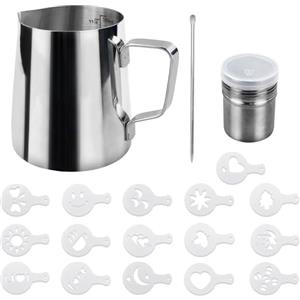 SZXMDKH Brocca per latte in acciaio inox da 350 ml con indicatore di misurazione, accessori barista, caraffa per caffè crema latte, montalatte in acciaio inox, penna a latte, stencil per cappuccino
