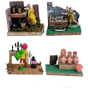 Aurora Store Set 4 pz Ambientazione Casolare con Statue Presepe Mestieri Bottega del Vino Bancarella del Falegname Natale Napoletano Statuine Pastori in Resina 14 x 8 x h. 10cm Negozi