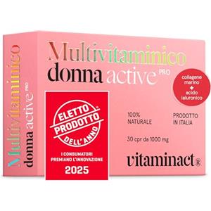 Vitaminact Multivitaminico Donna - L'unico Potenziato Con Collagene Marino + Acido Ialuronico + Vitamine 100% Naturali Dalla A alla Z + Minerali - Per Donna Fino ai 50 Anni -Scopri la Linea Completa per Ogni Età