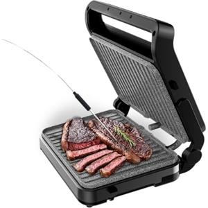 Cecotec Griglia elettrica con Grill Rock'nGrill 2000 PerfectCook. 2000 W, con sonda temperatura, controllo tattile, Dual Temp, apertura 105 °C, raccoglitori, piastre rimovibili, 30 x 23 cm, acciaio
