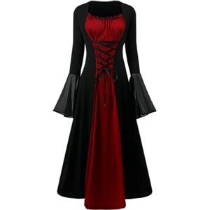 YRTBGD Costume rinascimentale da donna con maniche a tromba, vestito gotico medievale, abbigliamento per Halloween, carnevale (nero-rosso, XS)