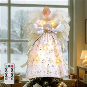 Lomffy Puntale Per Albero Con Angelo,12,6 Pollici Angelo Per Albero Di Natale con 8 Modalità Di Luce Puntale Per Albero Di Natale A Forma Di Angelo con Ala Di Piuma,Telecomando e Alimentazione USB (B)