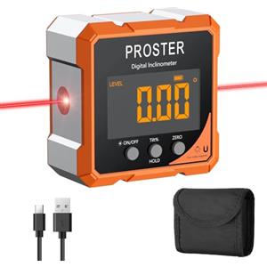 Proster Misuratore Angolare Digitale con Laser e Base Magnetica 4 Lati Ricaricabile con Display LCD VA Impermeabile IP54 per Lavori di Legno Carpentiere e Edilizia con Funzione Zero e Livella Laser