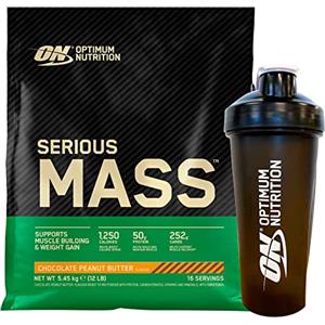 Optimum Nutrition Serious Mass Proteine Whey in Polvere Integratore Calorico per Sviluppo Muscolare e Aumento Massa Gusto Cioccolato e Burro di Arachidi 16 Porzioni 5,45Kg + Shaker