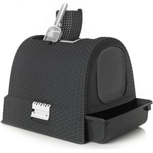 KETER Curver Keter Lettiera per Gatti Petlife con coperchio, lettiera con paletta, moderno effetto rattan intrecciato, antracite, 51,5 x 38,5 x 40 cm