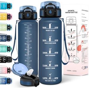 Motswedi Borraccia 1 litro, a Prova di Perdite, Borraccia Palestra, senza BPA, Borracce con Cannuccia, Con 2 Tappi, Bottiglia Acqua, Borracce 1 litro, Per Scuola, Ufficio, Sport, Blu Scuro