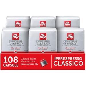 illy, Caffè in Capsule Iperespresso CLASSICO, 100% Arabica con Note di Fiori d'Arancio e Gelsomino, Gusto Morbido e Retrogusto Dolce, 6 Confezioni da 18 (108 Capsule Totali)