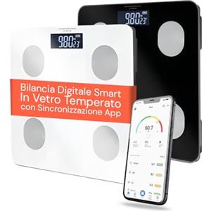 Wintem - Bilancia Digitale Smart in Vetro Temperato con App per Analisi Corporea Completa, Display LCD Ampio, Tecnologia Step-On e Funzione Multiutente per Controllo Familiare del Peso