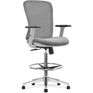 Waytex Poltrona da ufficio, regolabile in altezza 60-84 cm con poggiapiedi, braccioli regolabili e ruote o piedi fissi, per ufficio alto, tavolo da disegno, tavolo alto, cassa, piano di lavoro, grigio chiaro