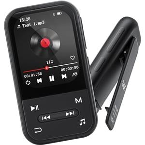 ZAQE Lettore MP3 da 128 GB, clip MP3 con Bluetooth 5.3, lettore musicale portatile con radio FM, registratore vocale, contapassi, design mini ideale per lo sport, auricolari inclusi, nero